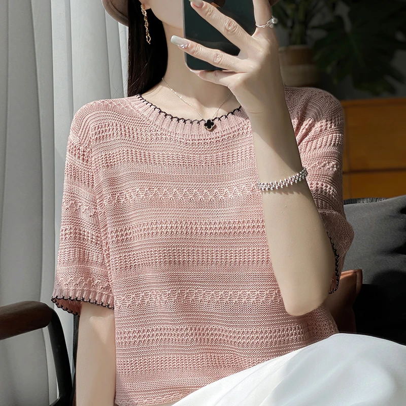 时尚提花短袖t恤女夏季2025新款打底衫洋气大码女装冰丝针织上衣