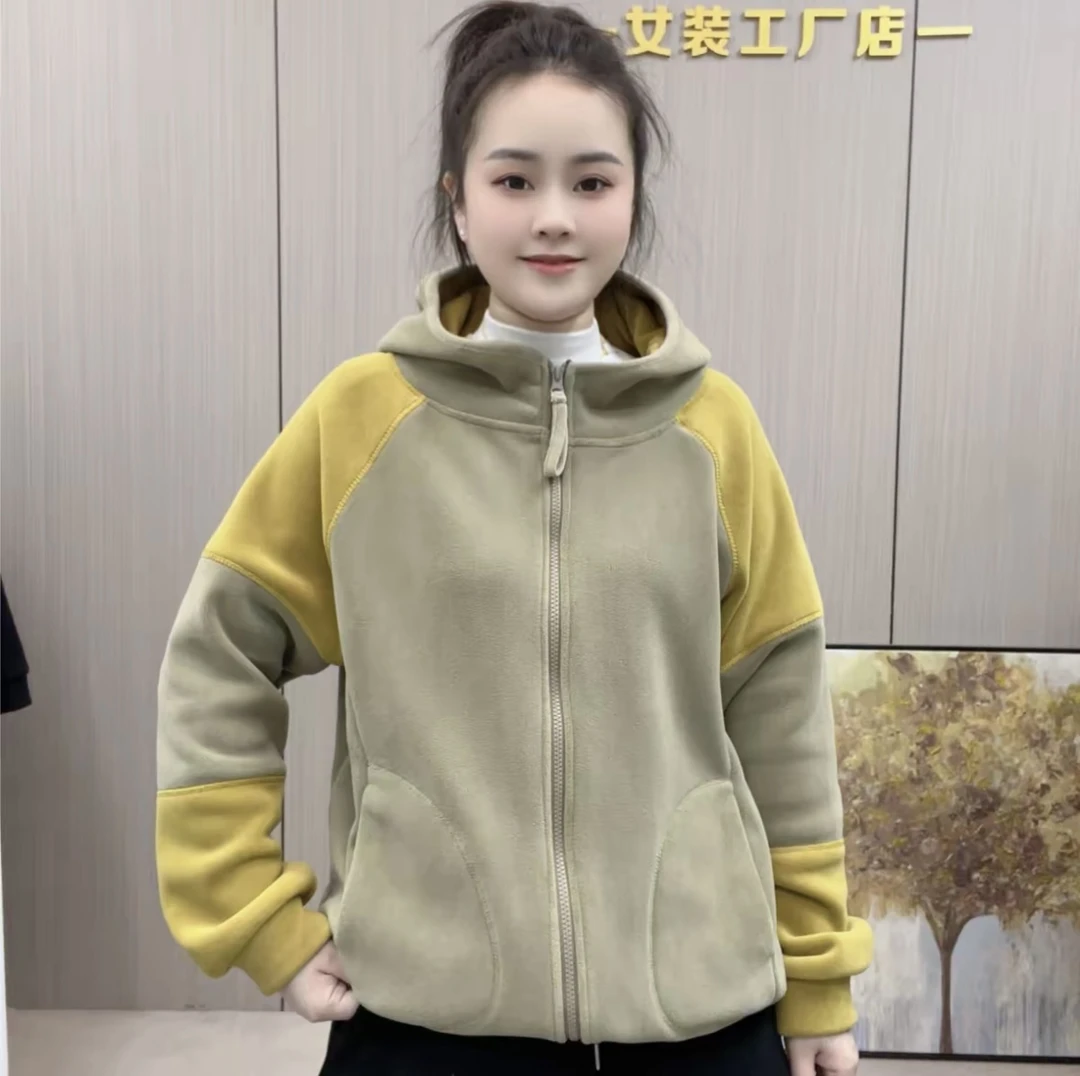 【沐沐】春秋新款时尚休闲百搭双面澳粒绒减龄加绒撞色连帽拼色外套