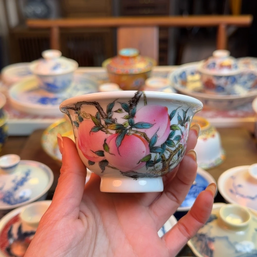 杯重工粉彩桃子杯纯手绘