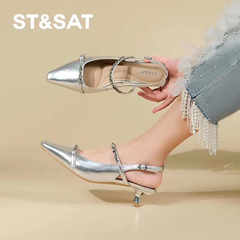 星期六法式尖头夏季新款后空时装凉鞋细跟设计包头高跟鞋时装单鞋