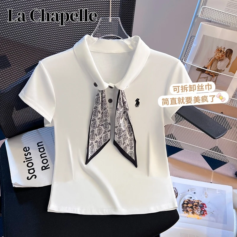洋气潮流翻领小丝巾小香风短袖T恤女上衣秋季新款polo领短款上衣