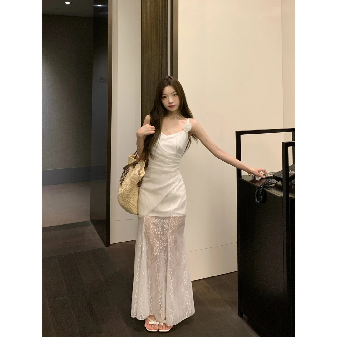 【白月光】不规则白色蕾丝吊带连衣裙纯欲气质度假风长裙裙子