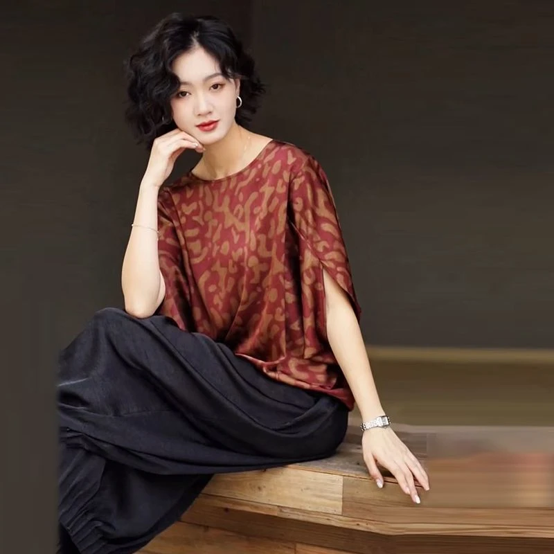 2025夏季妈妈套装时尚气质宽松显瘦减龄印花豹纹上衣阔腿裤两件套