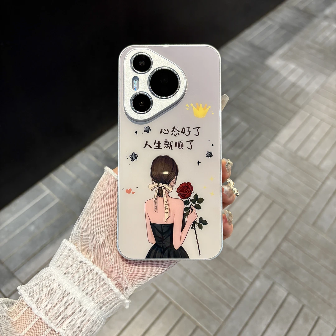 苹果/华为/oppo/vivo/小米 玫瑰花女孩适用pura70肤感玻璃手机壳