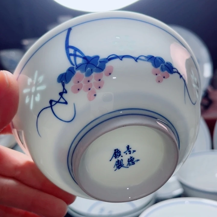 青花玲珑5寸饭碗手绘葡萄