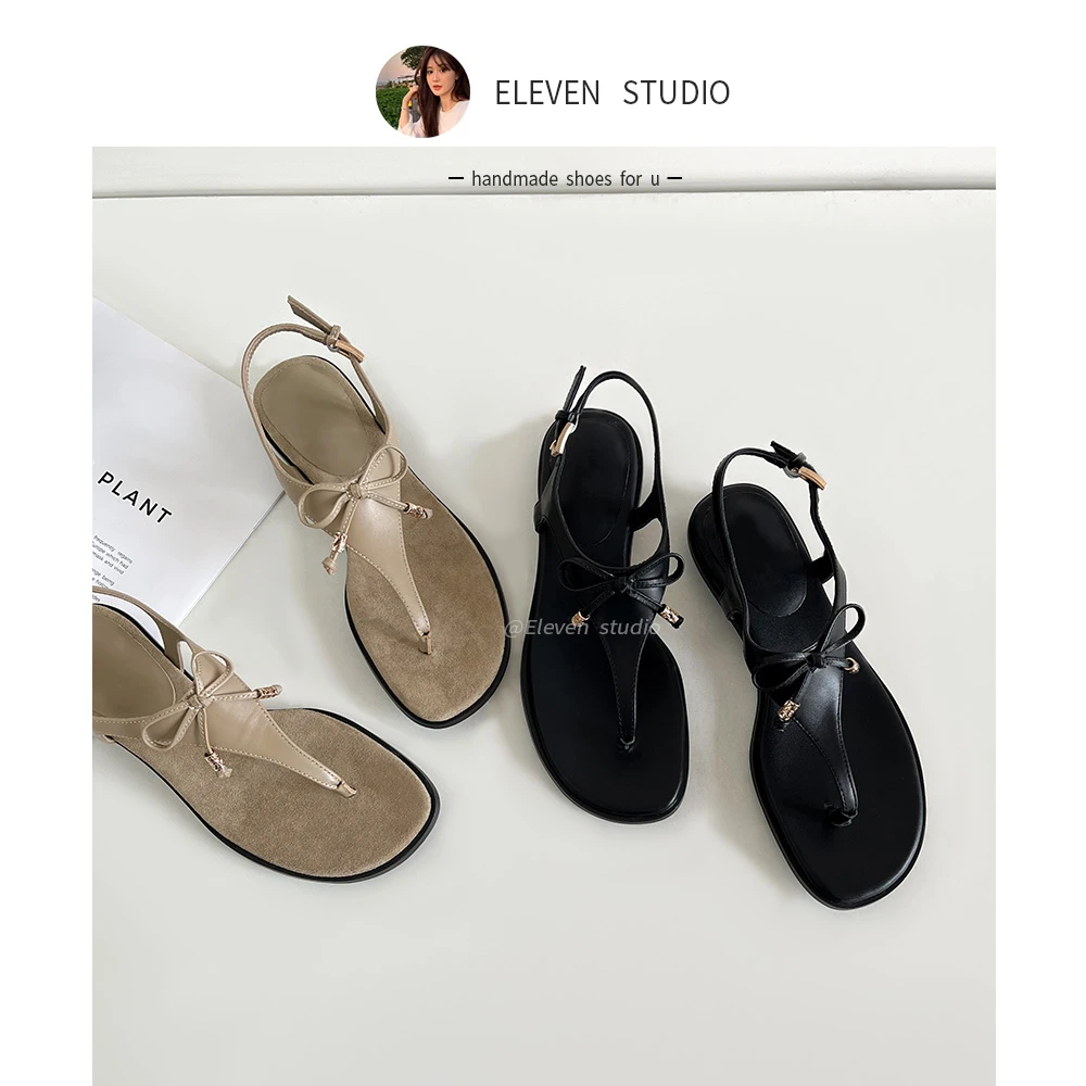 【王11】沙滩度假风蝴蝶结T型带平底夹趾凉鞋 2CM/沙漏