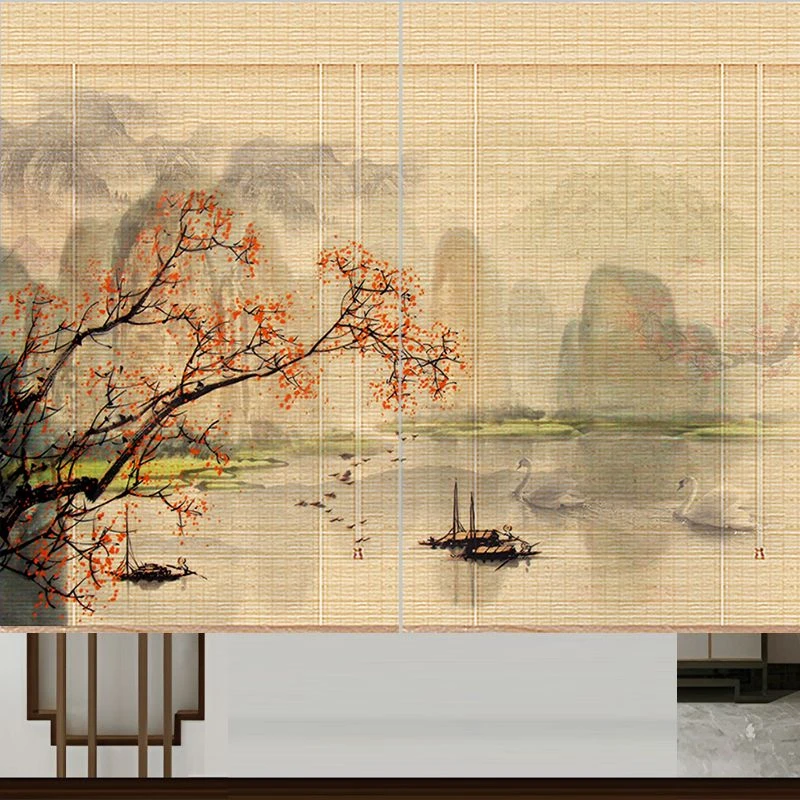 席美人江南水乡竹窗帘竹卷帘竹帘门帘隔断竹帘子竹帘背景印花印画