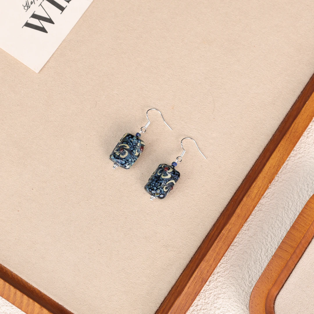 合金琉璃耳饰 LZ5025-1 蓝黑小花深蓝色老珠子耳环 合集
