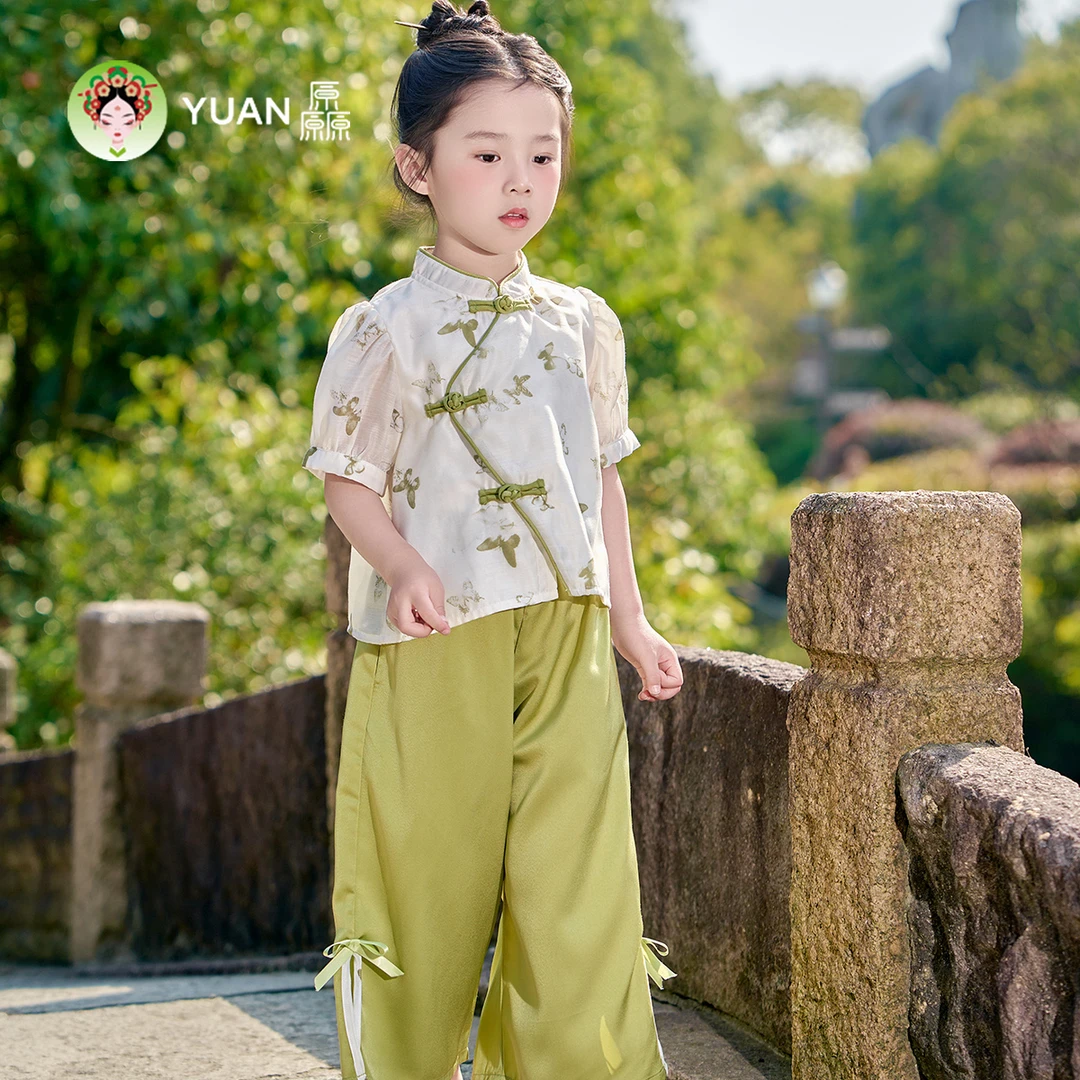 厵【蝴蝶印花套装】女中大童汉服套装夏季透气超柔日常短袖套装演出