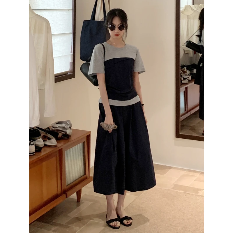 YNVN韩系撞色收腰短袖t恤+高腰显瘦半身裙子设计感两件套装女夏季