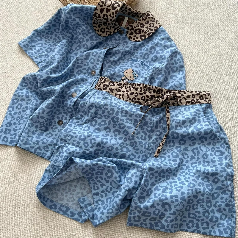 韩系复古蓝色豹纹Kitty短袖睡衣女夏季网红风冰丝家居服大码套装