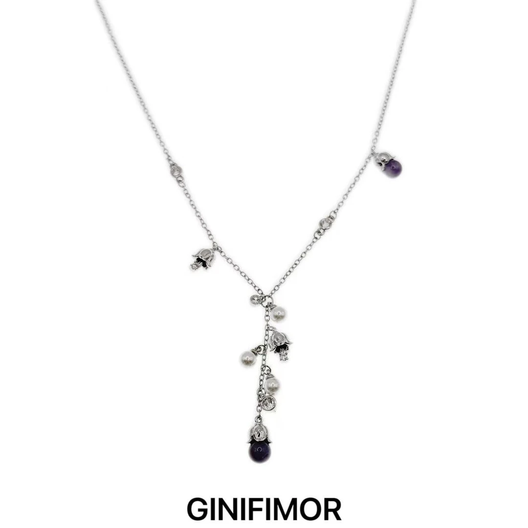 GINIFIMOR 铜合金锆石项链 a659 铃兰花仿珍珠流苏项链百搭锁骨链