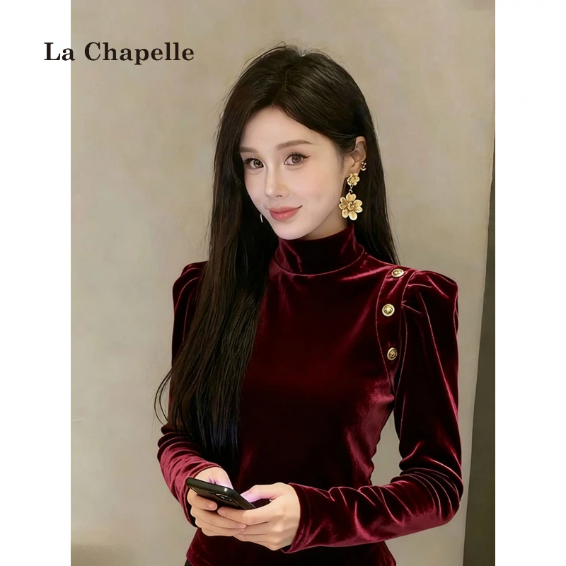 拉夏贝尔法式小资T恤女秋冬内搭轻奢高端气质掐腰酒红色丝绒上衣