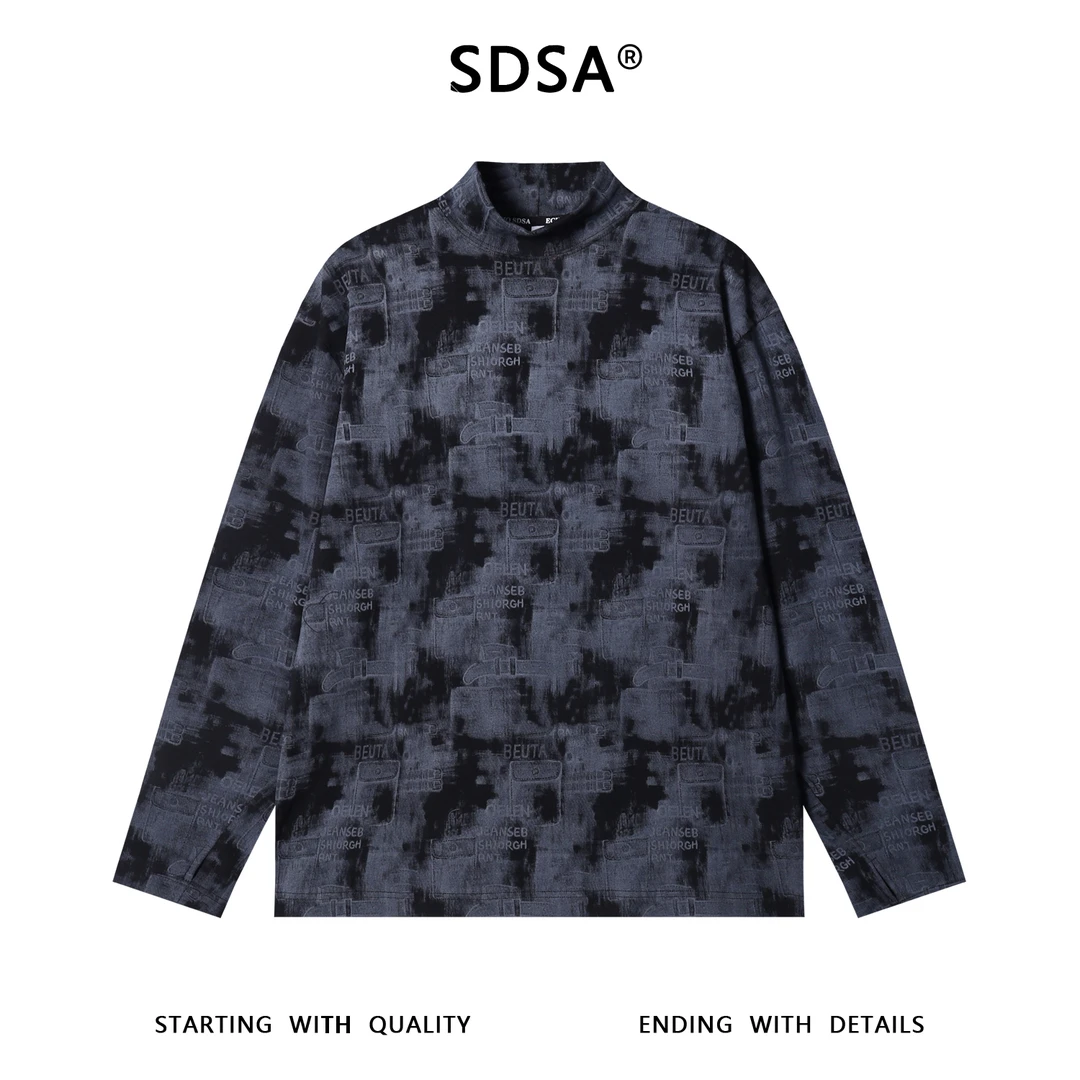 SDSA秋冬新款痞帅男装潮牌扎染简约满印字母印花半高领长袖T恤
