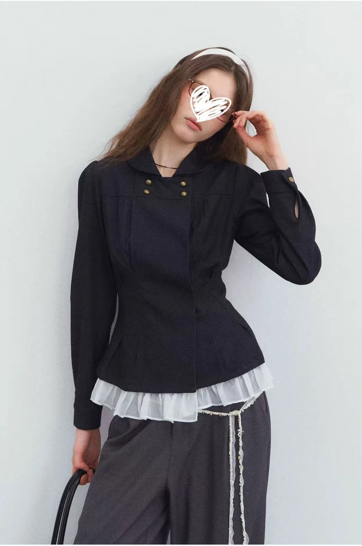 “无可替代”双排扣牛仔打褶收腰衬衫通勤上衣外套