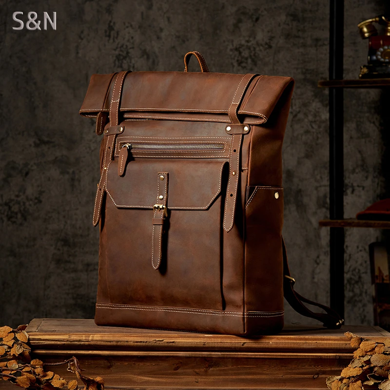 个性潮流欧美风双肩包大容量男包休闲真皮电脑包旅行背包机车包潮