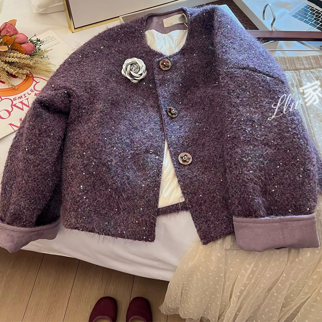 高定重工亮片紫色小香风外套女加厚充棉含羊毛粗花呢羊毛呢冬季新