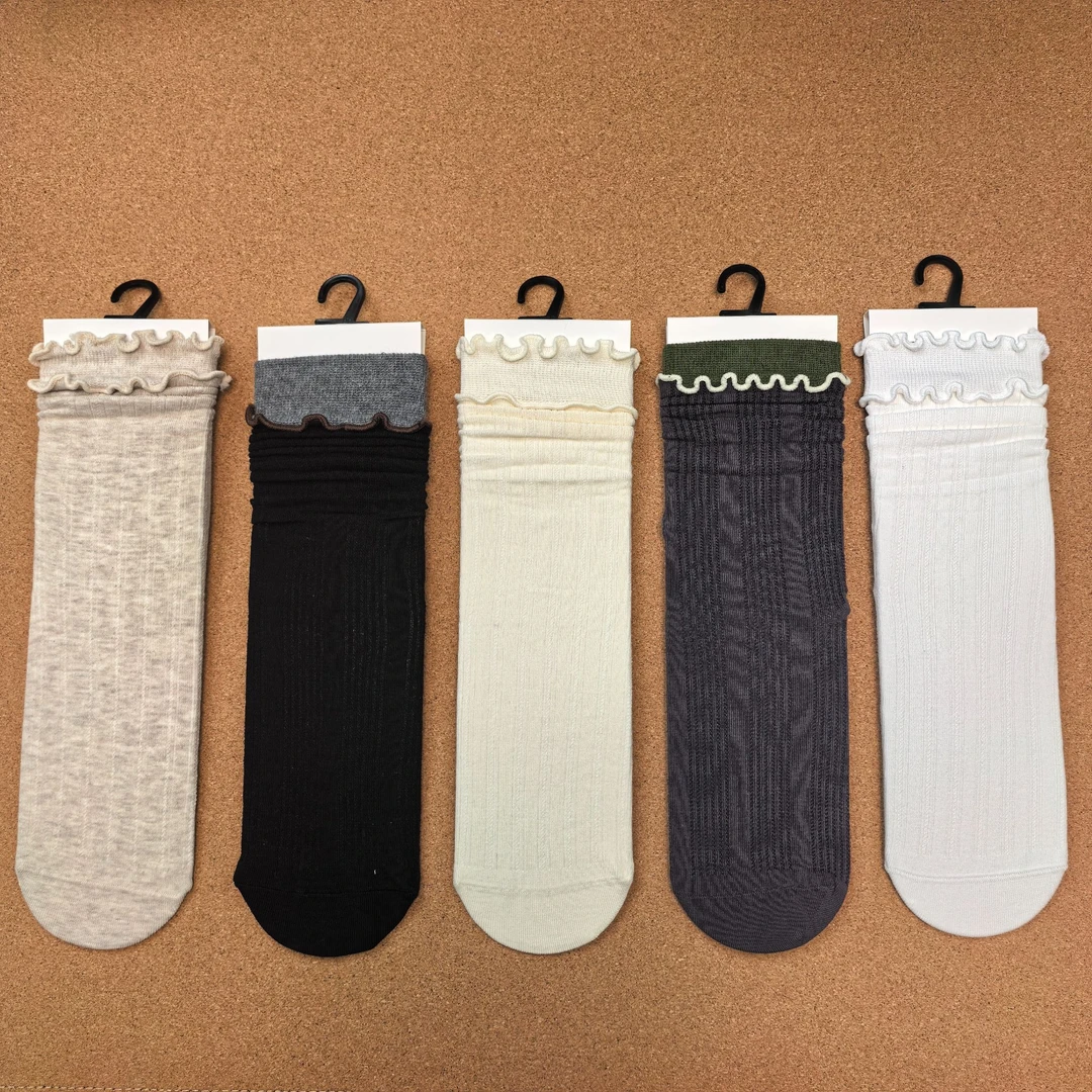 WZ018夏日女士透气花边中筒袜堆堆袜五双装包邮