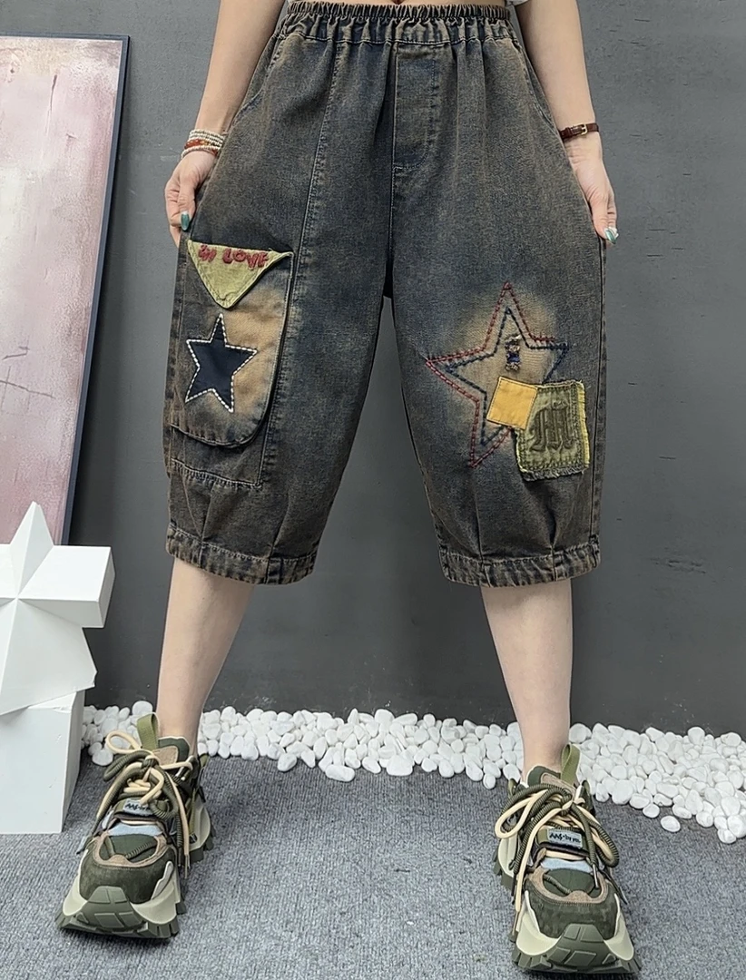 夏季薄款女装宽松显瘦字母星星水洗六分牛仔裤休闲舒适哈伦裤女