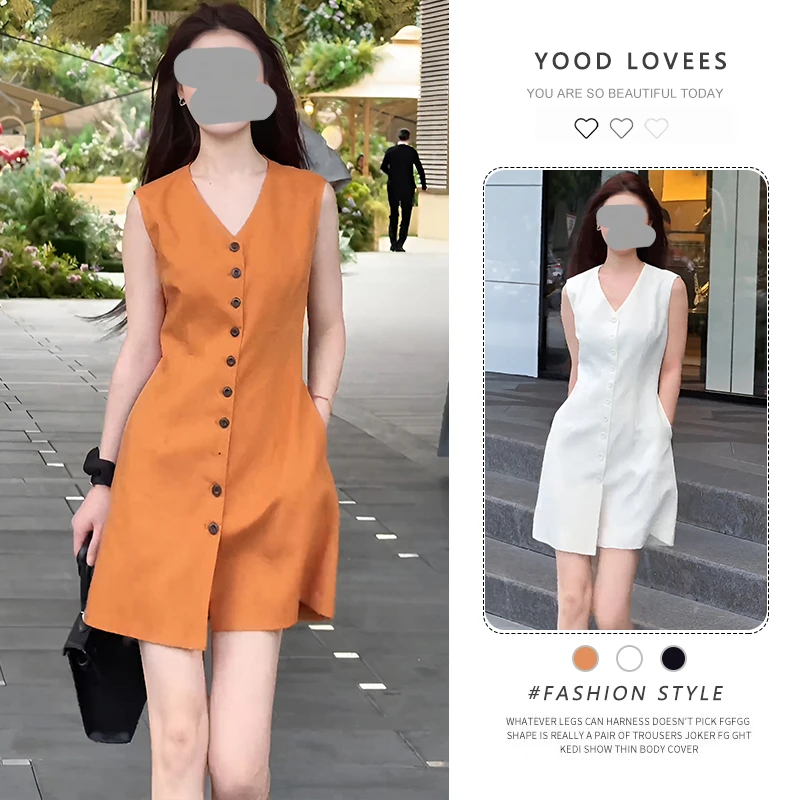 老钱风复古V领单排扣无袖连衣裙女2025夏季新款高级气质显瘦短裙