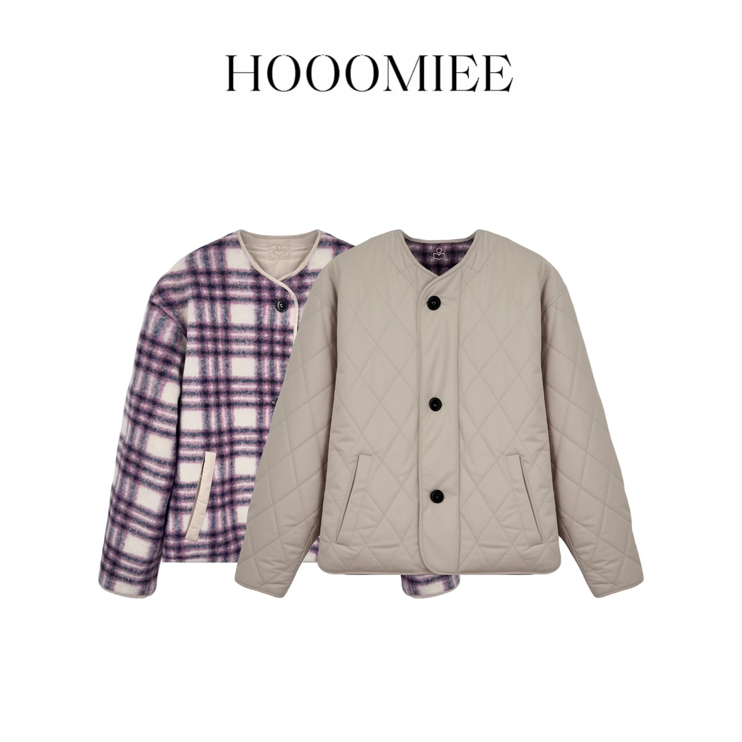 Hooomiee双面穿浅色无领菱格高质量羊毛棉服女士外套LG063