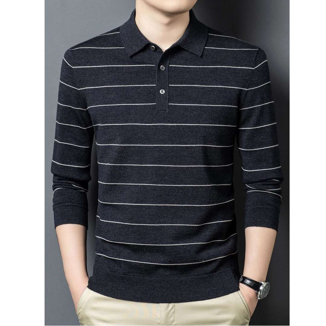 莫安摩萨利秋季薄款羊毛针织衫男士商务休闲含羊绒打底polo衫条纹