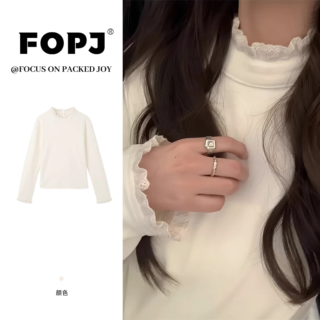FOPJ韩系圆领蕾丝花边长袖t恤女2025新款网红款时尚百搭春秋内搭