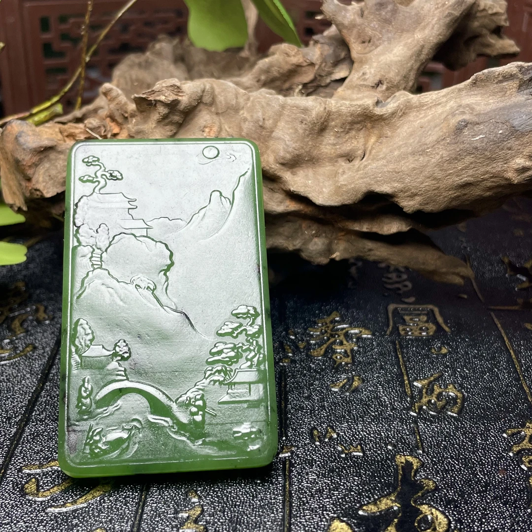 和田玉碧玉山水观音吊坠挂件 菠菜绿俄碧玉老坑老料辣绿色