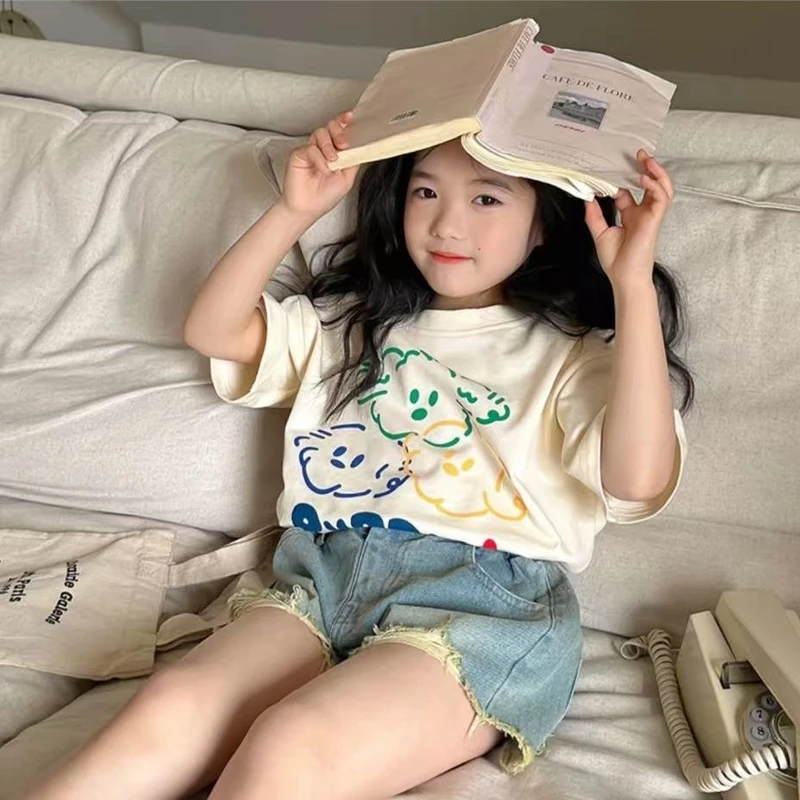 女童韩系洋气手绘卡通印花纯棉短袖T恤儿童夏款休闲百搭杏色上衣