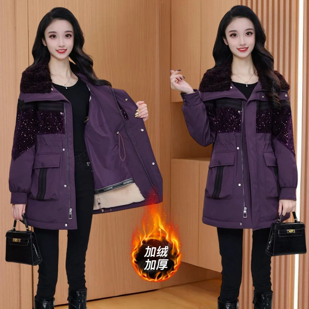 品牌紫色小香风派克服女2025秋冬新款加绒加厚妈妈装收腰洋气外套