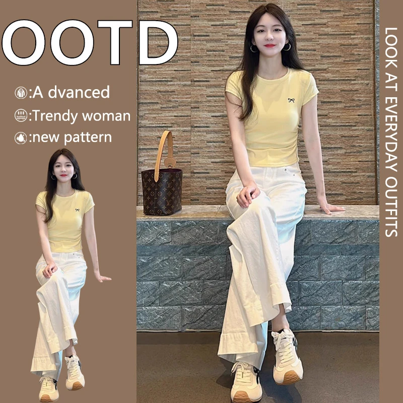 2025夏季新款多巴胺奶系穿搭一整套高级感减龄短袖T恤阔腿裤套装