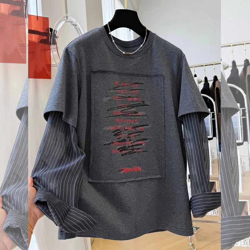 复古重工春秋时尚新款印染宽松假两件T恤女百搭个性显瘦潮流上衣