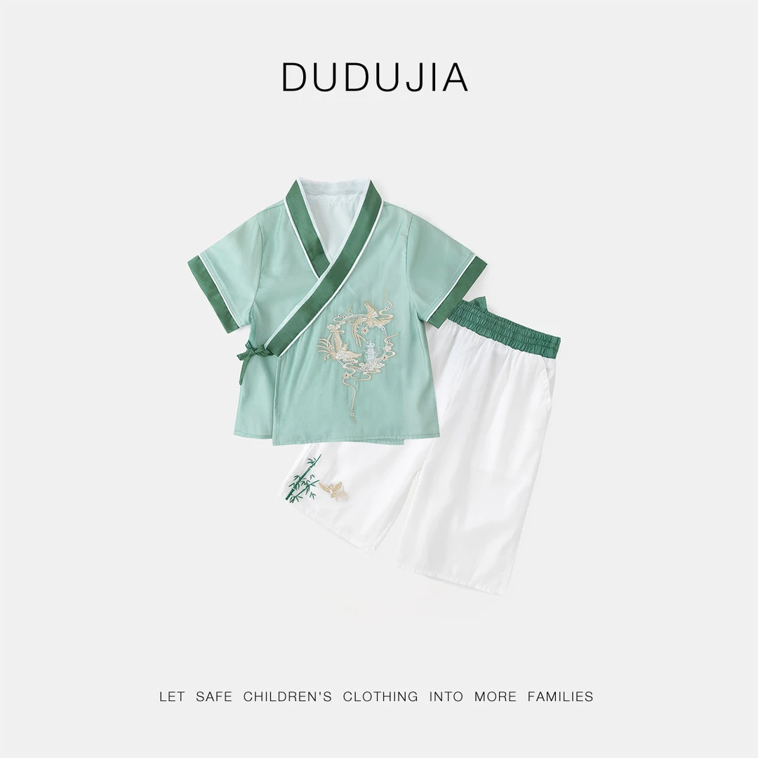 嘟嘟家新中式套装夏装男童汉服两件套斜开襟国风童装短袖短裤时髦