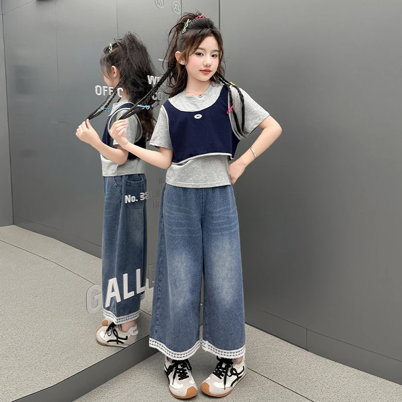 女童夏季套装2025新款洋气美式背心叠穿短袖t恤牛仔阔腿裤三件套