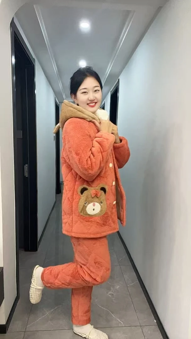 连帽保暖休闲加厚女款家居服套装冬季睡衣套装冬季加绒