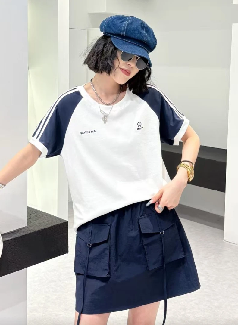 拼色插肩杠条刺绣字母短袖T恤大码女夏季新款圆领休闲上衣2537