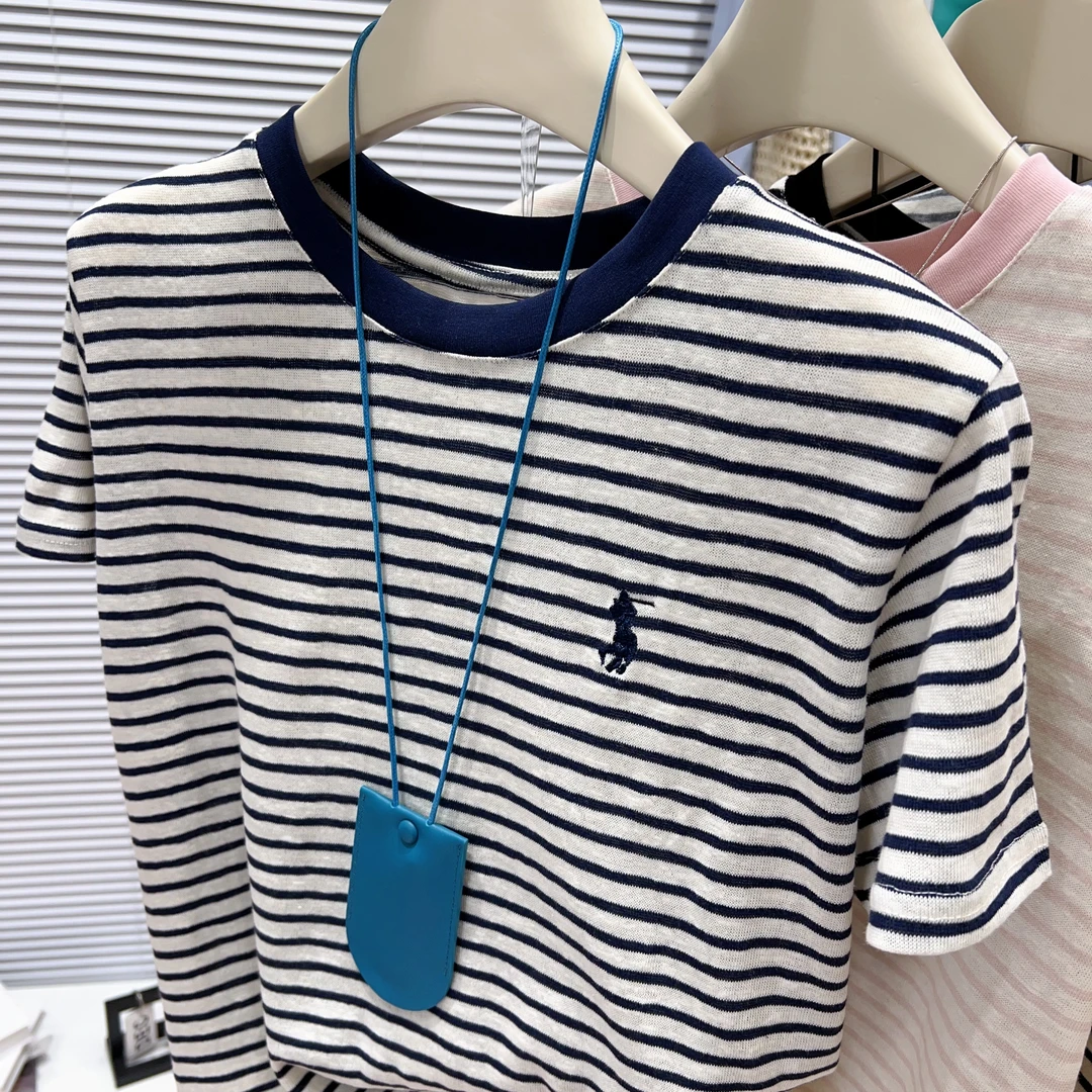 2025春夏季新款撞色条纹小码刺绣T恤女韩版宽松上衣打底衫