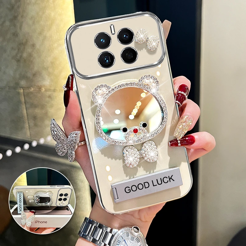 适用华为mate50/50e领结熊补妆镜大视窗手机壳创意全包电镀防摔壳