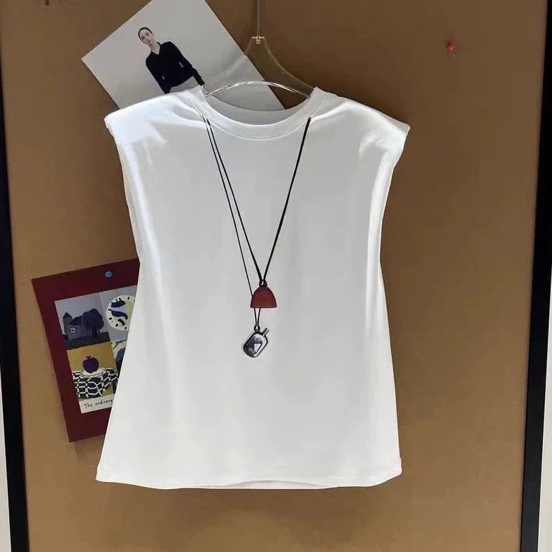设计师买手店you尾25夏新款~项链叠戴印花垫肩无袖T恤