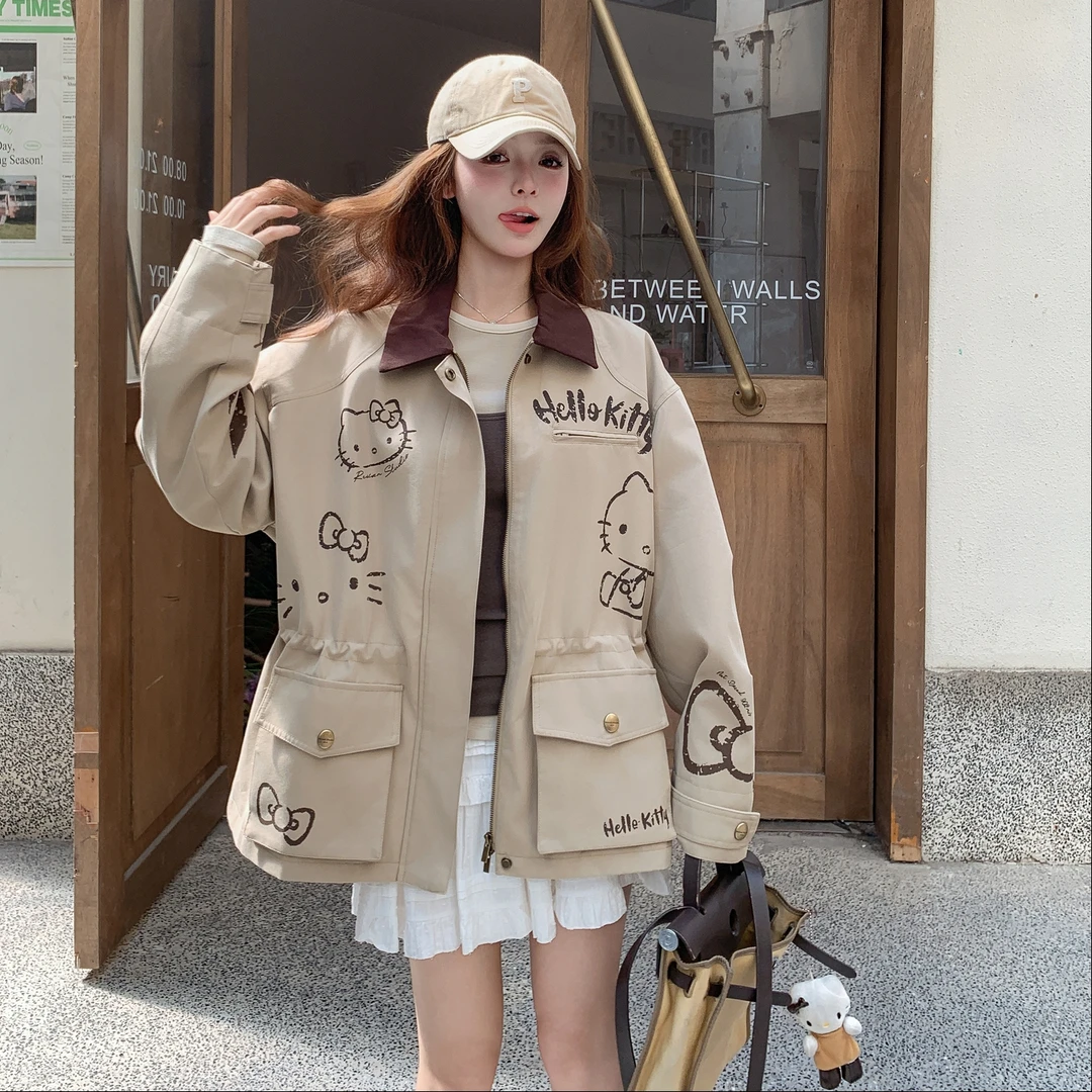 AE卡其色KT猫秋冬时尚风衣女休闲慵懒感宽松牛仔短款显瘦外套上衣