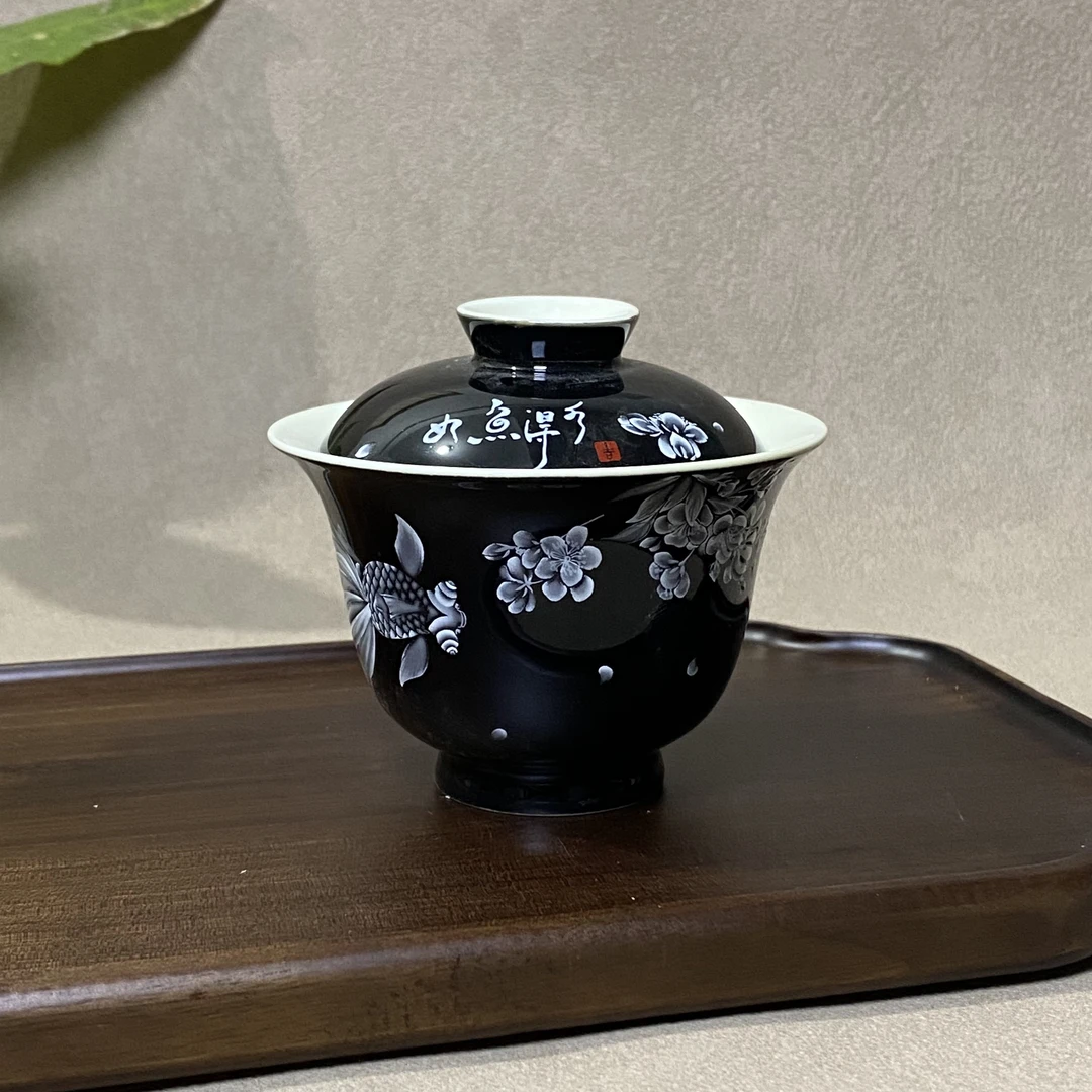 原矿色釉堆白如鱼得水陶瓷盖碗中式功夫茶具家用高足泡茶碗防烫手