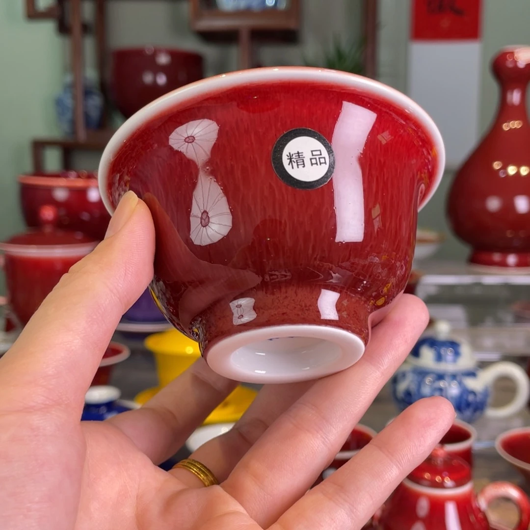 清欢雅玩原矿郎红精品内绘鸿运当头压手杯