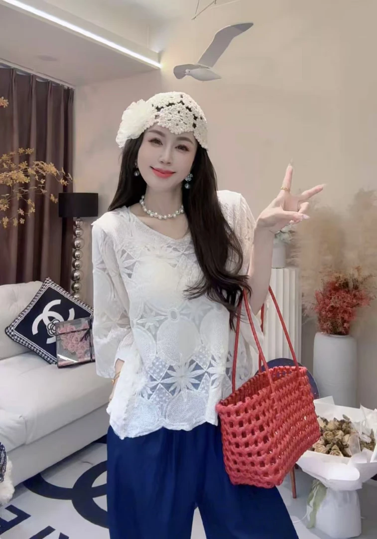 L.X~法式钩花镂空薄款蕾丝衫t恤2025夏季MM外塔防晒罩衫上衣6696