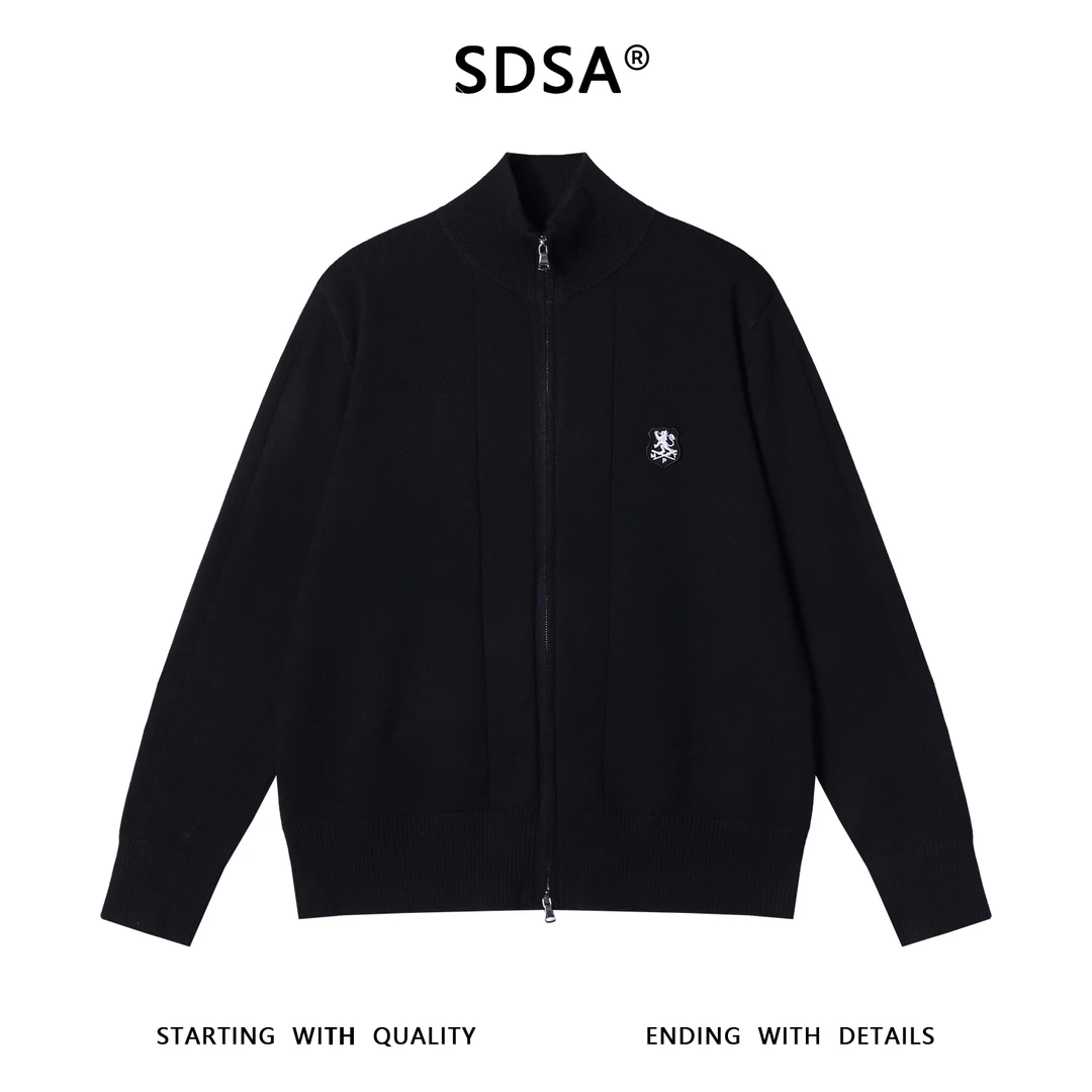 SDSA男士秋冬新款痞帅男装韩版简约纯色刺绣标拉链立领针织毛衣