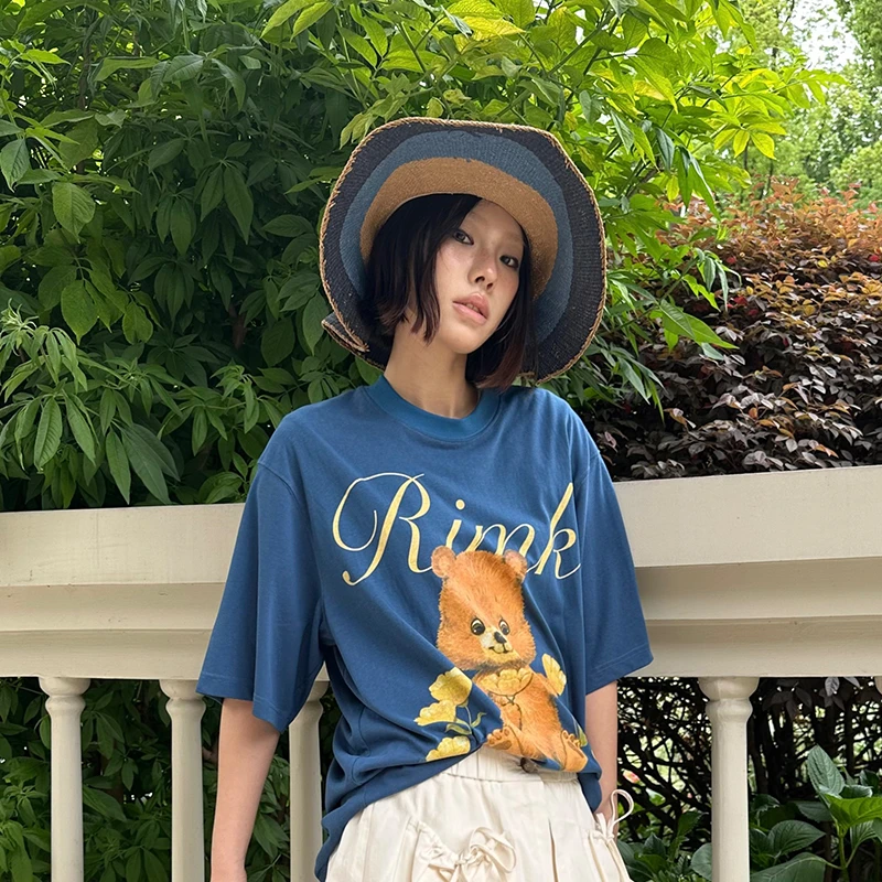 【RIMK】吕颖ivy同款新品25春夏时尚圆领花园小熊印花短袖T恤