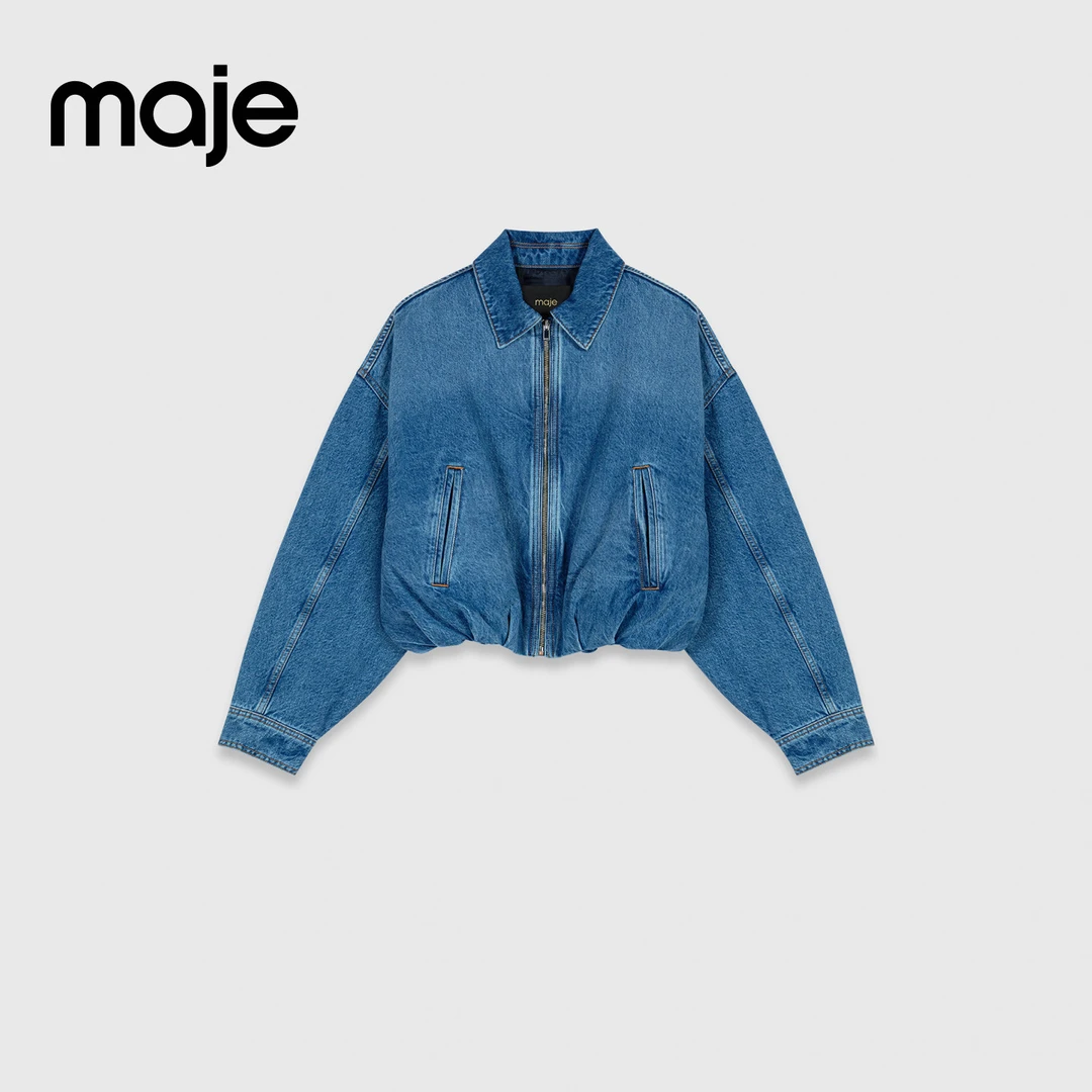 Maje2026新款女装法式下摆抽褶收紧设计牛仔棉服外套MFPBL00822