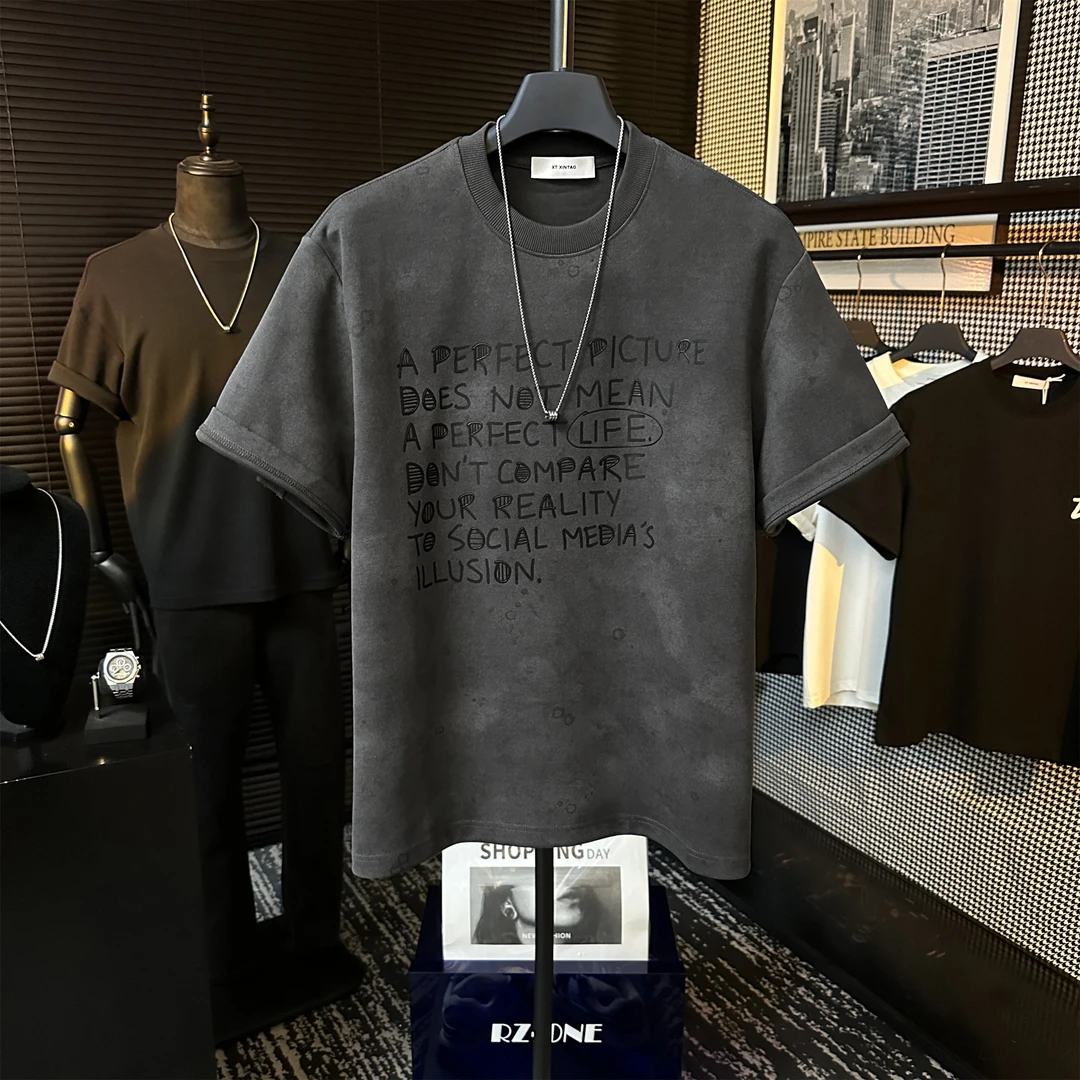 原创高定重磅个性字母印花设计男士时尚休闲百搭半袖短袖上衣