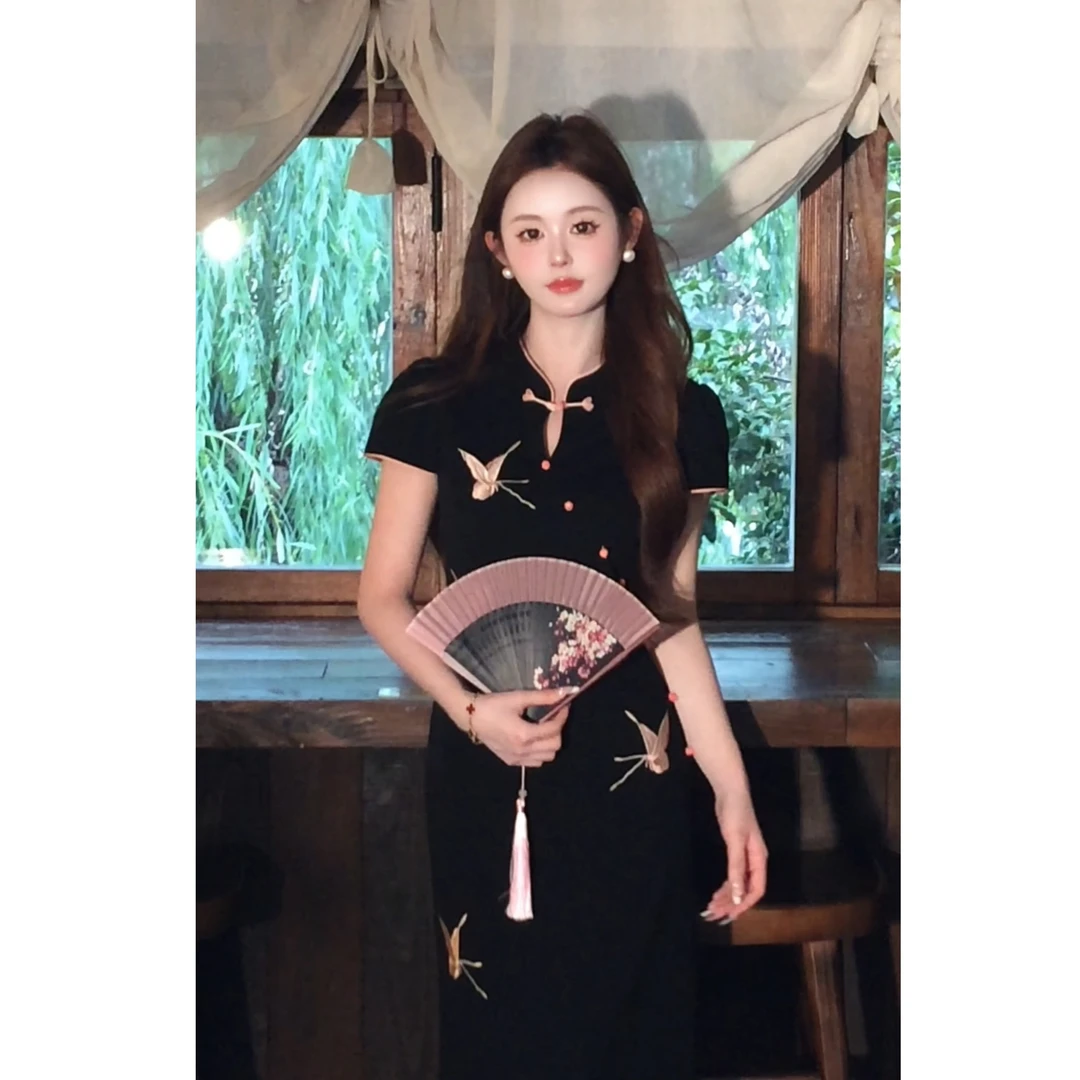 【振翅-黑色】七七很芒夏季新中式蝴蝶刺绣旗袍连衣裙XMZH8764