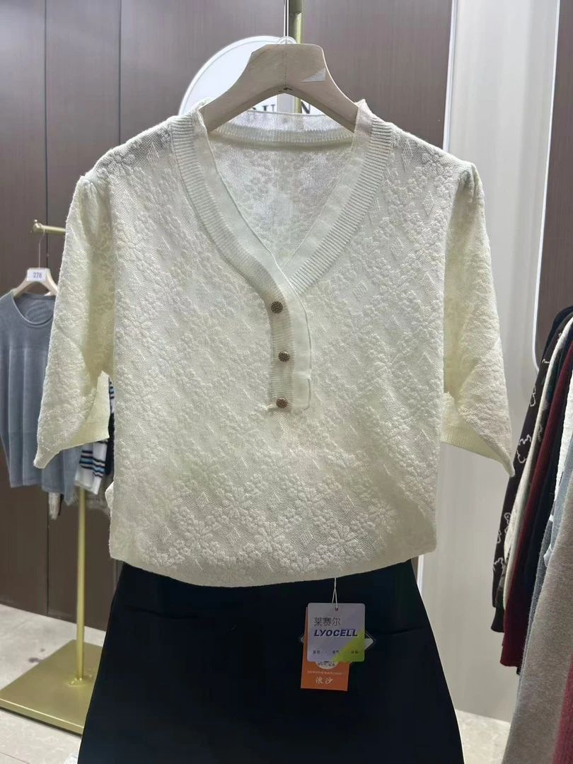 381【米白  雪花纹  蕾丝领短袖】高级气质针织女衫