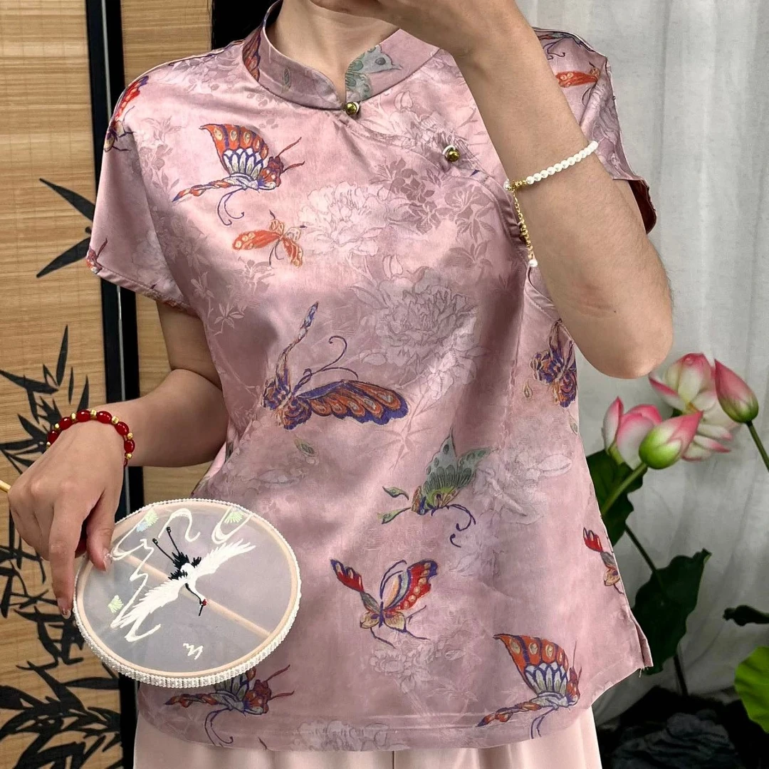 【蝴蝶紫色短袖】天沐-新中式国风2025新款时尚休闲提花上衣-3061